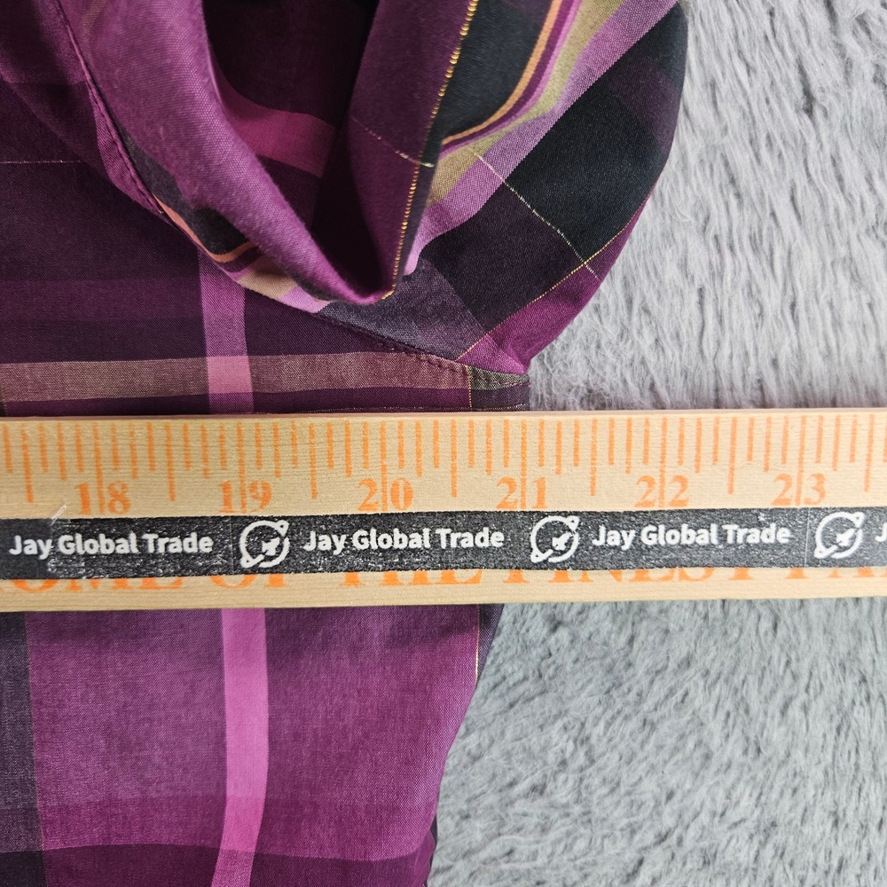 Foxcroft Petite 14P Purple Pink Plaid Wrinkle Free Button Up Shirt Metallic Gold - Picture 7 of 9